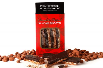 Photo of packaging for chocolate dipped almond biscotti